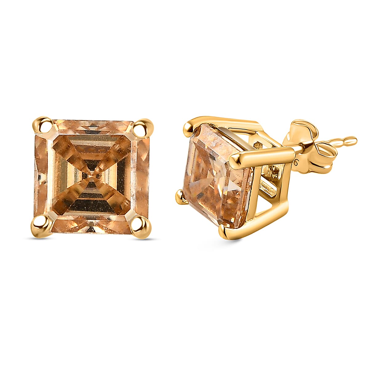 9K Yellow Gold Champagne Moissanite Princess Cut Solitaire Stud Earrings 2.50 Ct 8859148 4