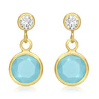 9K Yellow Gold Cubic Zirconia and Aqua Crystal 7mm x 14mm Drop Earrings