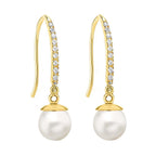 9K Yellow Gold Cubic Zirconia and Freshwater Pearl 7mm x 25mm Drop Earrings