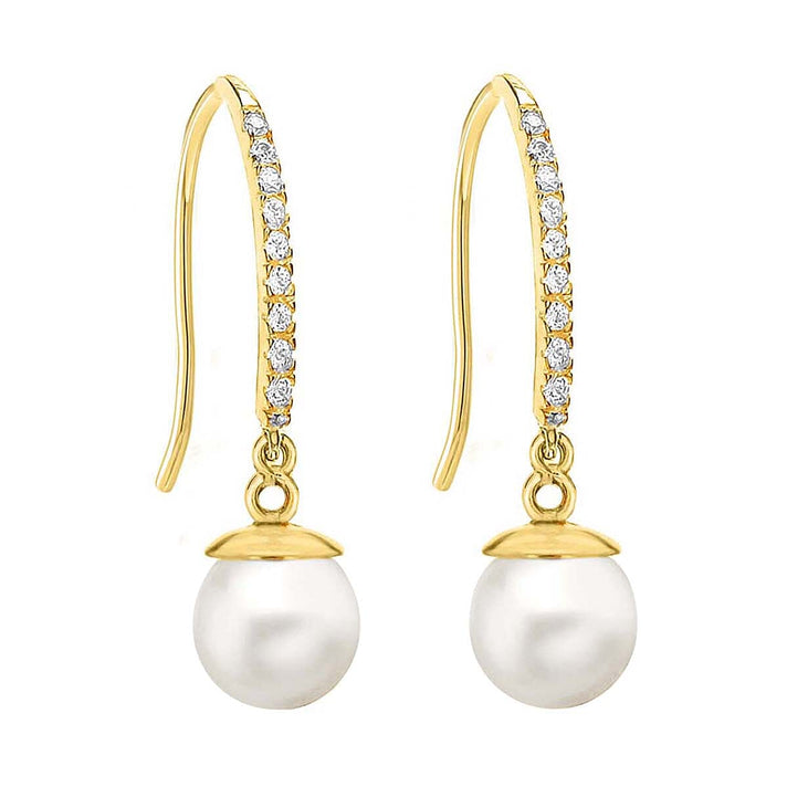 9K Yellow Gold Cubic Zirconia and Freshwater Pearl 7mm x 25mm Drop Earrings 7078160 1