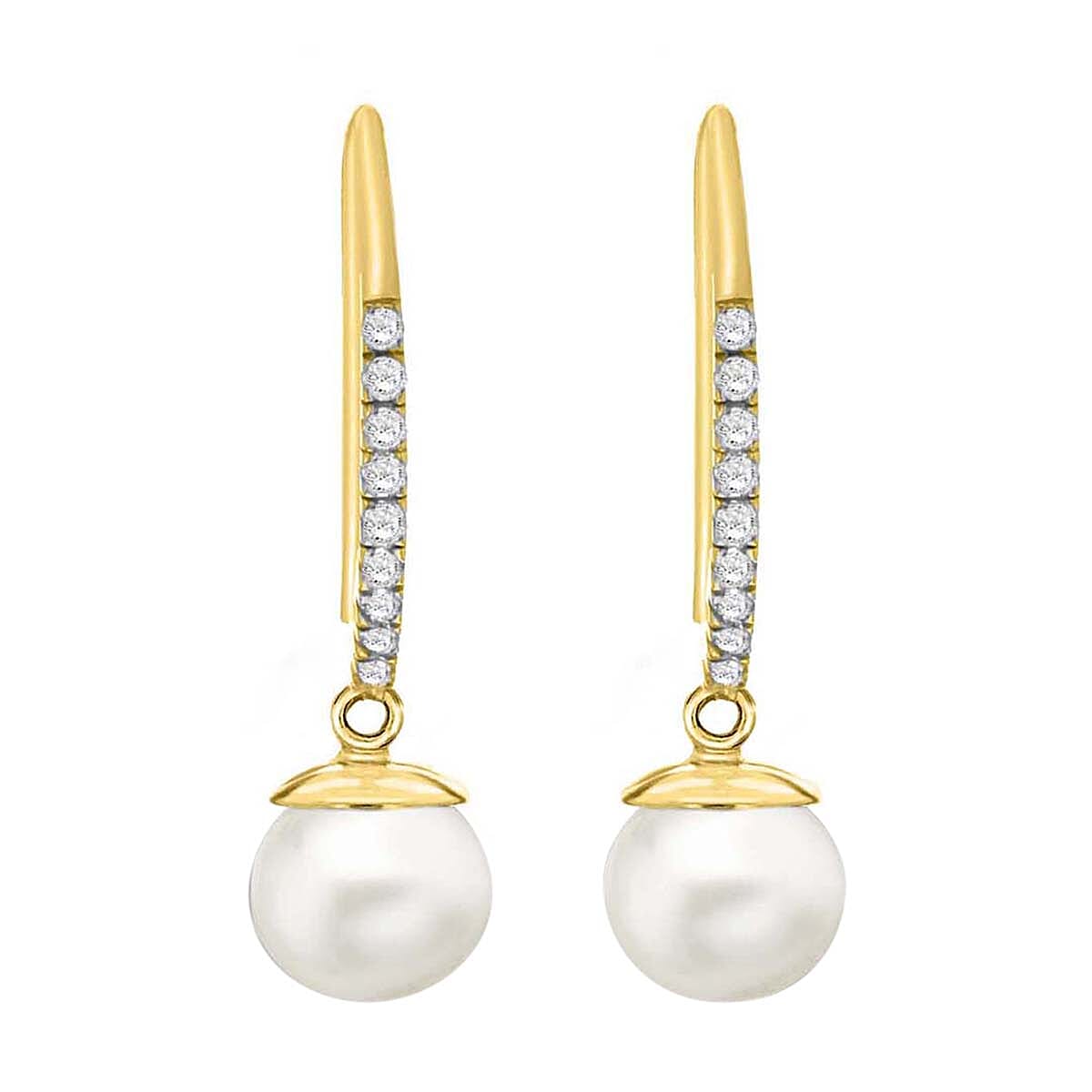 9K Yellow Gold Cubic Zirconia and Freshwater Pearl 7mm x 25mm Drop Earrings 7078160 1