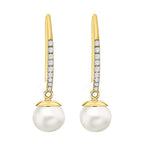 9K Yellow Gold Cubic Zirconia and Freshwater Pearl 7mm x 25mm Drop Earrings