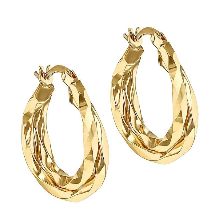 9K Yellow Gold Diamond Cut Double Twist Creole Earrings 7190118 2