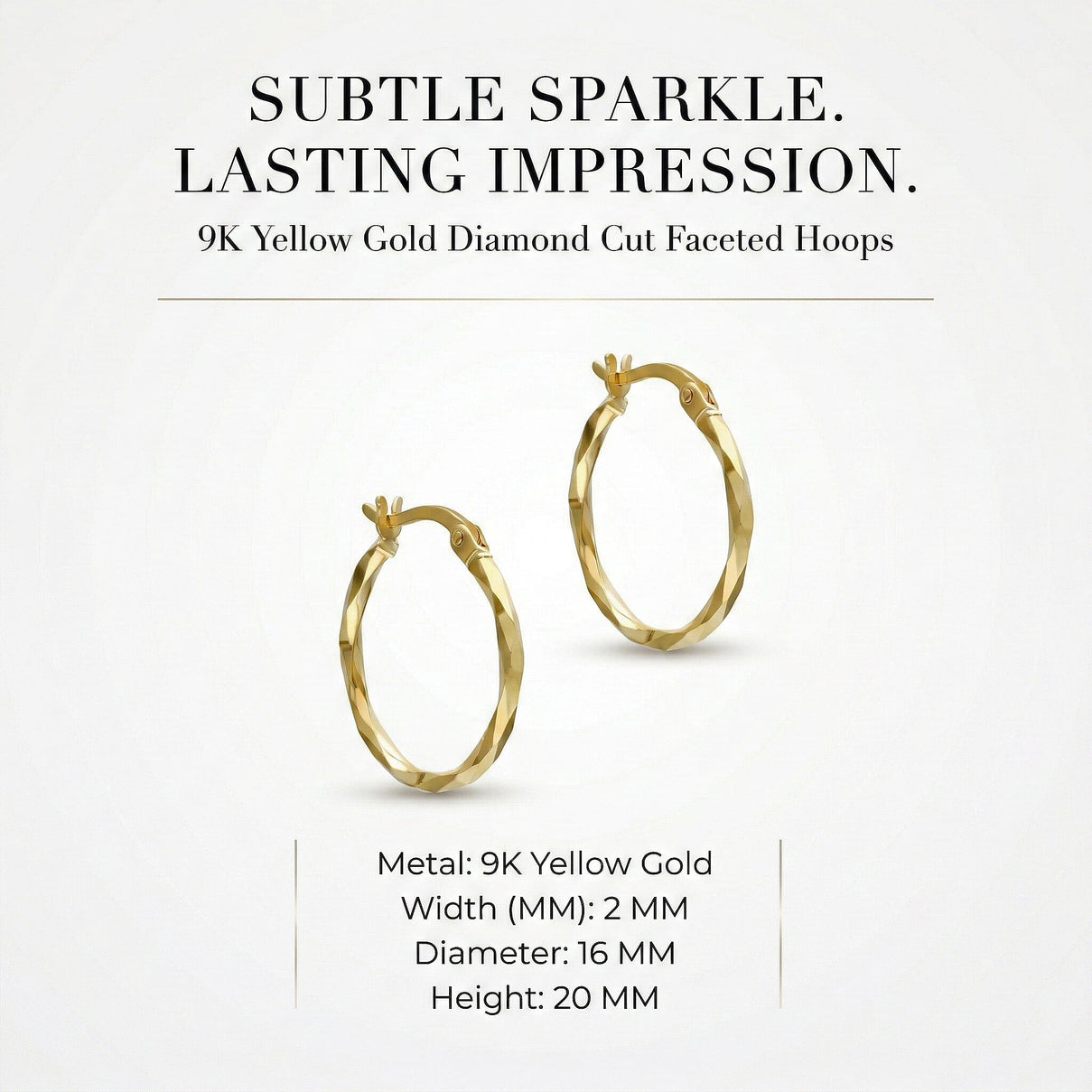 9K Yellow Gold Diamond Cut Faceted 2mm x 20mm Creole Earrings 7337774 7