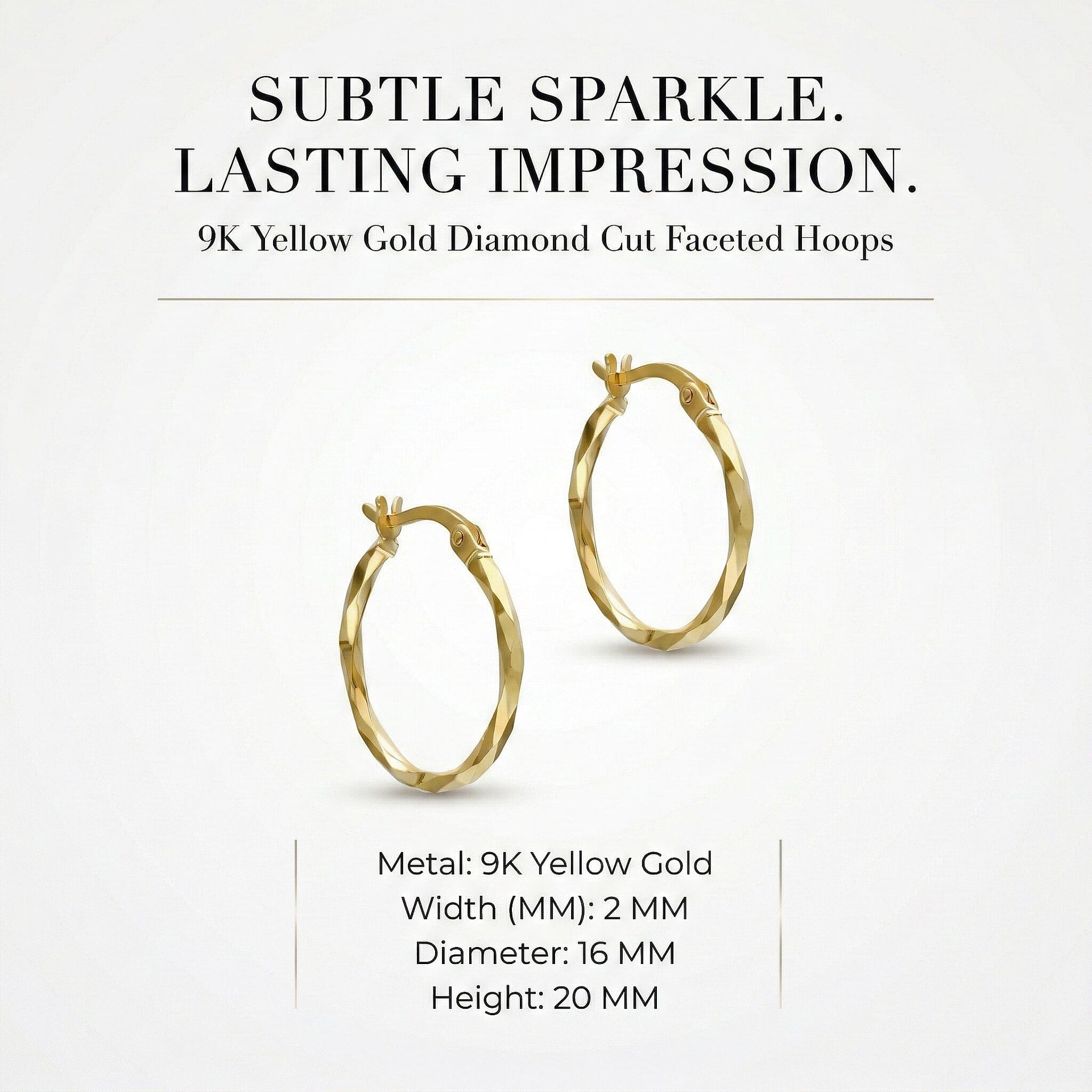 9K Yellow Gold Diamond Cut Faceted 2mm x 20mm Creole Earrings 7337774 7