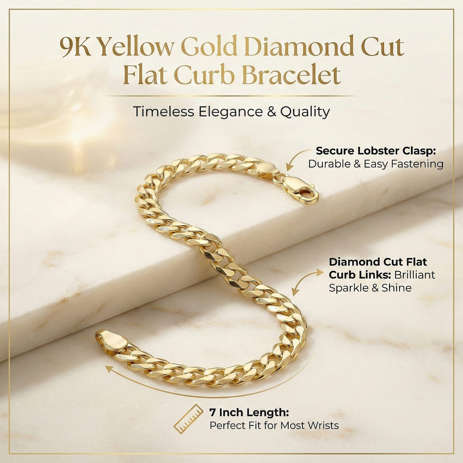 9K Yellow Gold Diamond Cut Flat Curb Bracelet 7 Inch 7078116 7