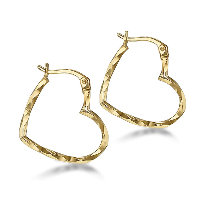 9K Yellow Gold Diamond Cut Heart Hoop Earrings 7190120 1