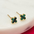 Designer Inspired - 9K Yellow Gold Malachite Clover Stud Earrings