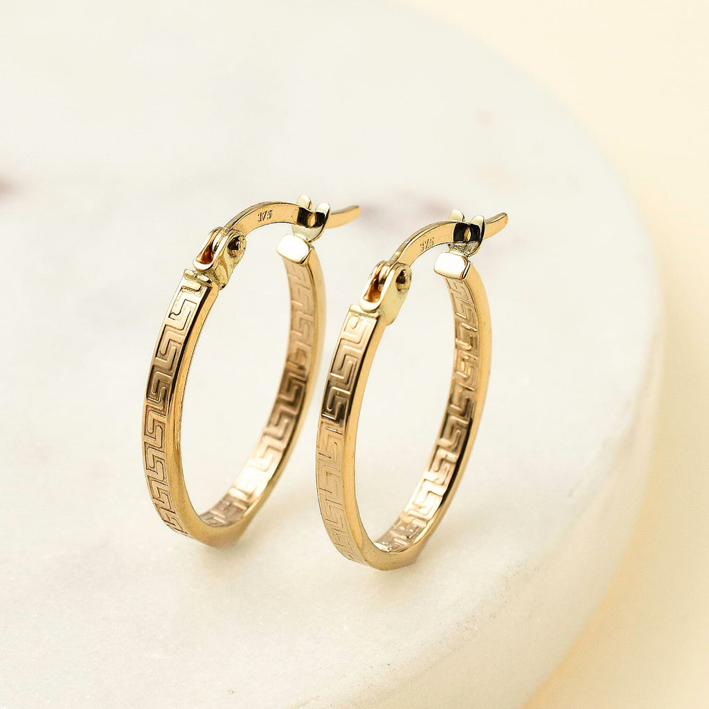 Mega Closeout Buy -9K Yellow Gold Greek Key Hoop Earrings-