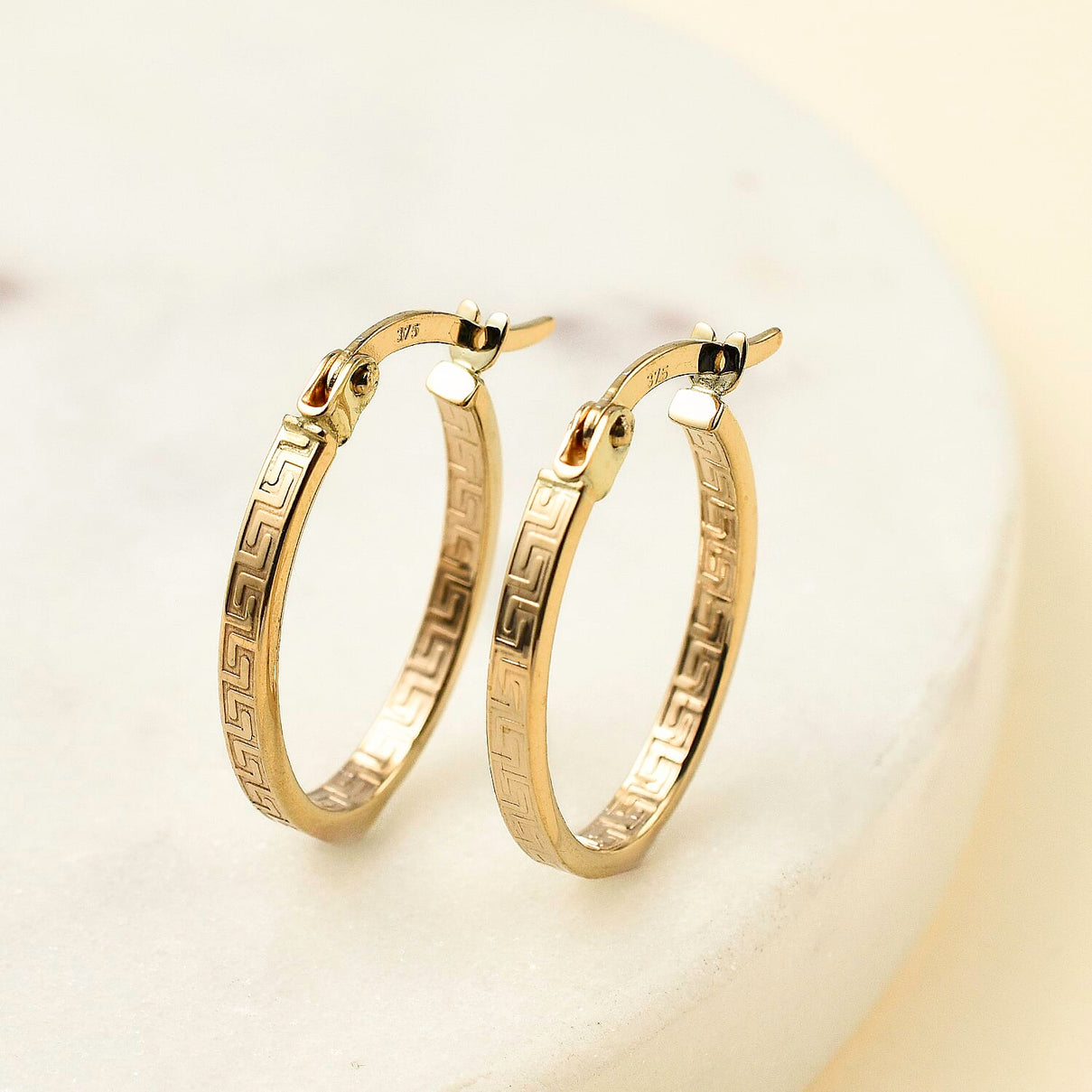 Mega Closeout Buy -9K Yellow Gold Greek Key Hoop Earrings- 7756968 1
