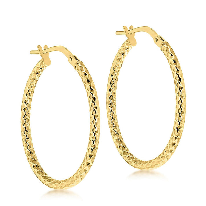 9K Yellow Gold 21mm x 30mm Diamond Cut Oval Hoop Creole Earrings 7338057 2