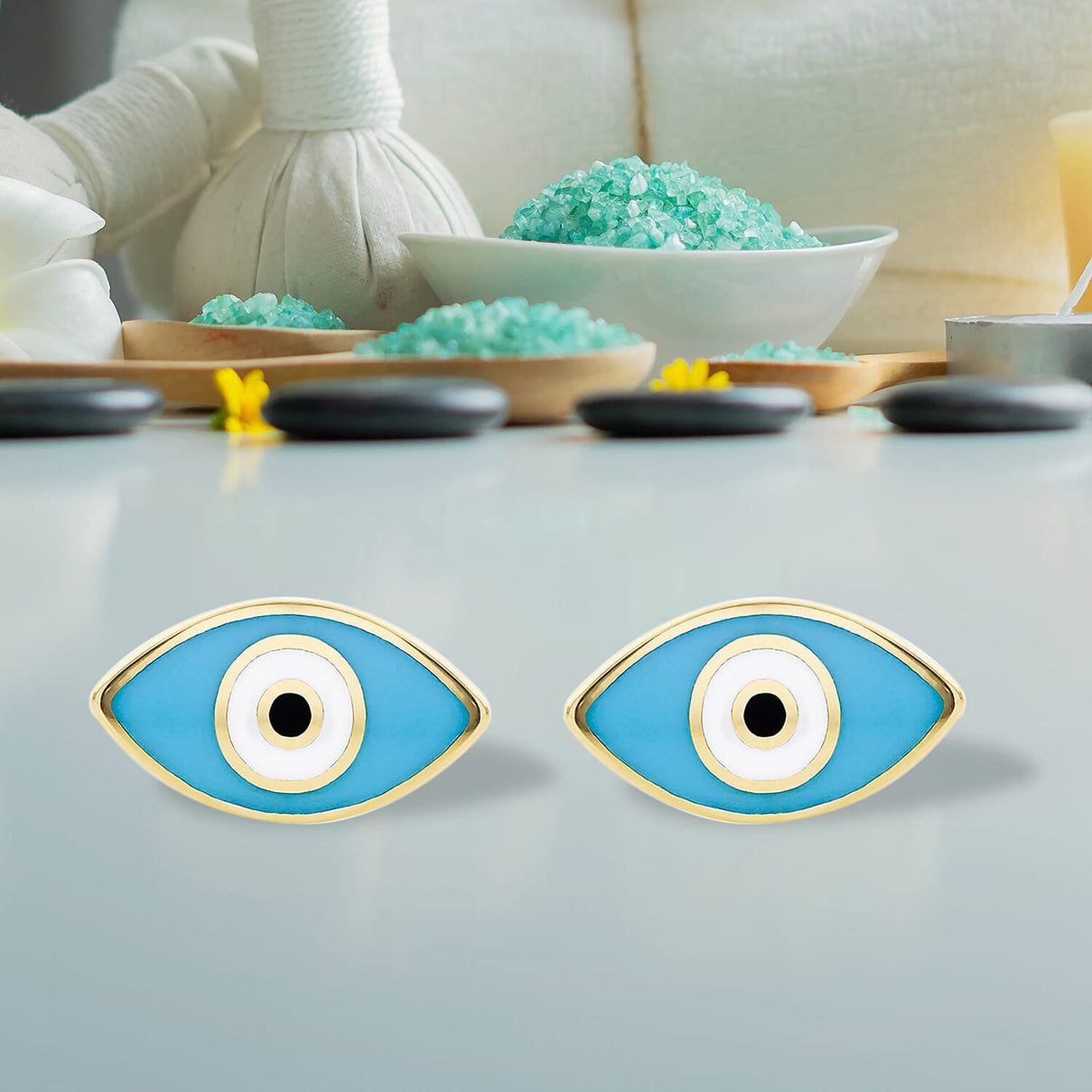 Blue Evil Eye Stud Earrings 9K Yellow Gold 7567536 3
