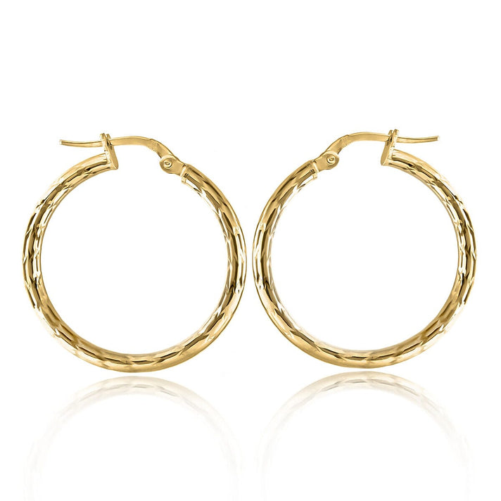 9K Yellow Gold 2mm Tube 24mm Diamond Cut Hoop Creole Earrings 7337869 1