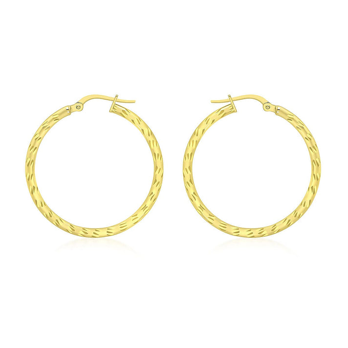 9K Yellow Gold 2mm Tube 30mm Diamond Cut Hoop Creole Earrings 7337870 1