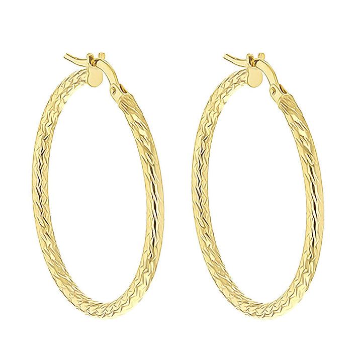 9K Yellow Gold 2mm Tube 30mm Diamond Cut Hoop Creole Earrings 7337870 2