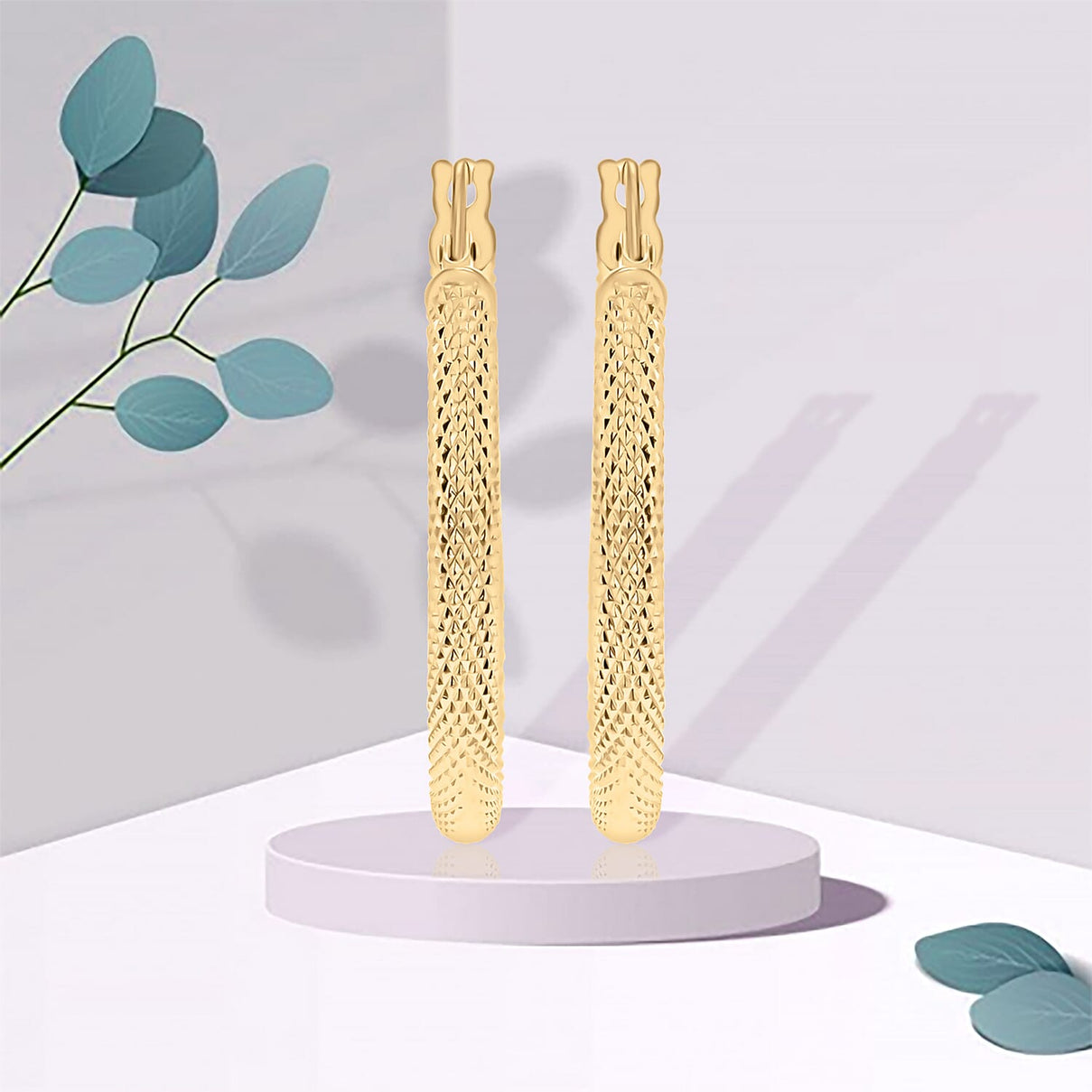 9K Yellow Gold 25mm Textured Round Hoop Creole Earrings 7337561 1