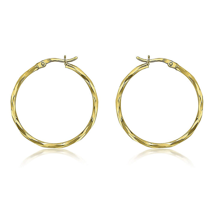 9K Yellow Gold 1.7mm Tube 28mm Diamond Cut Faceted Hoop Creole Earrings with Hinge Clasp 7337626 1