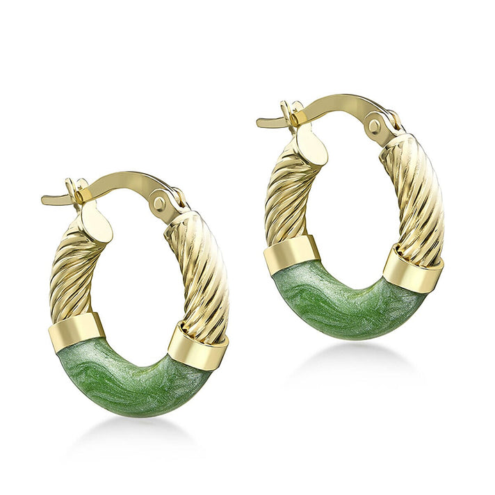 9K Yellow Gold 16.5mm Green Enamel Twist Tube Hoop Creole Earrings 7337725 1