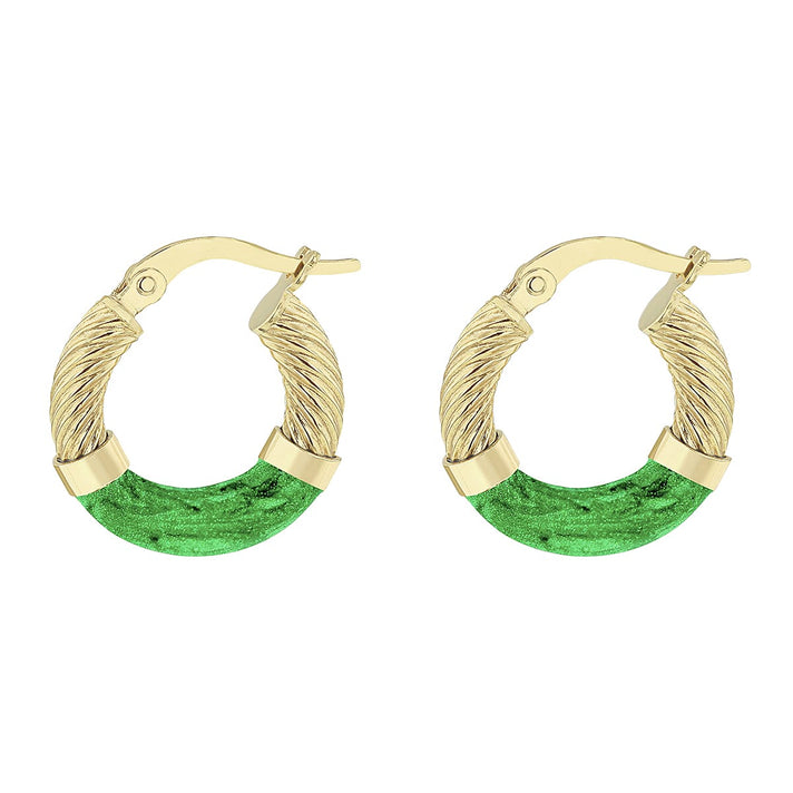 9K Yellow Gold 16.5mm Green Enamel Twist Tube Hoop Creole Earrings 7337725 2