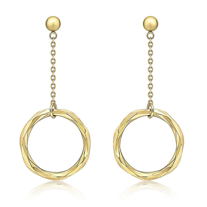 9K Yellow Gold 18mm x 39.5mm Diamond Cut Ring and Chain Drop Earrings 7338152 1