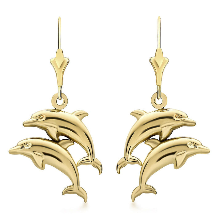 9K Yellow Gold 16.5mm x 32.5mm Double Dolphin Drop Earrings 7338614 1