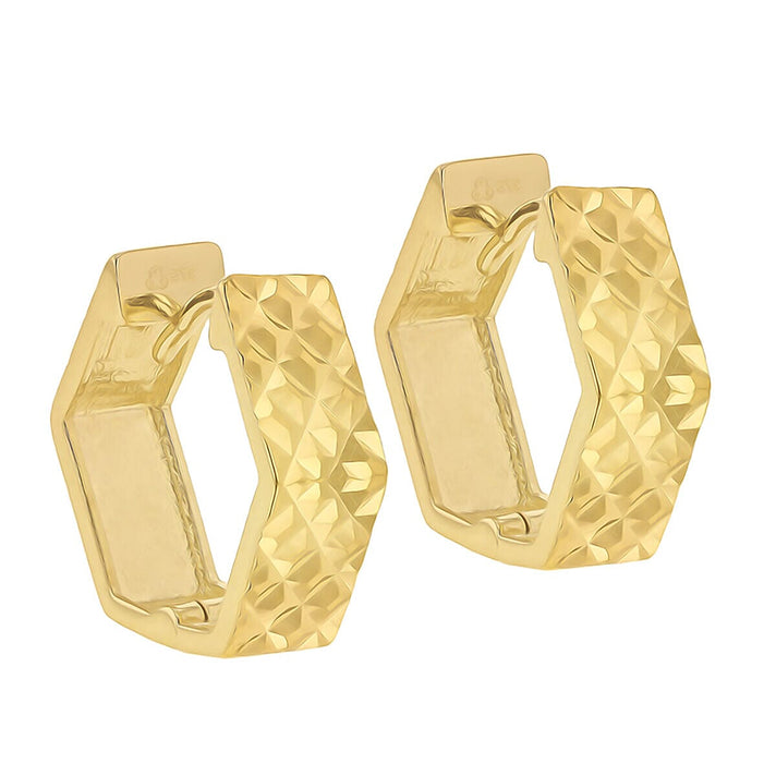 9K Yellow Gold 4.5mm x 13mm Diamond Cut Hexagon Huggie Earrings 7337760 1