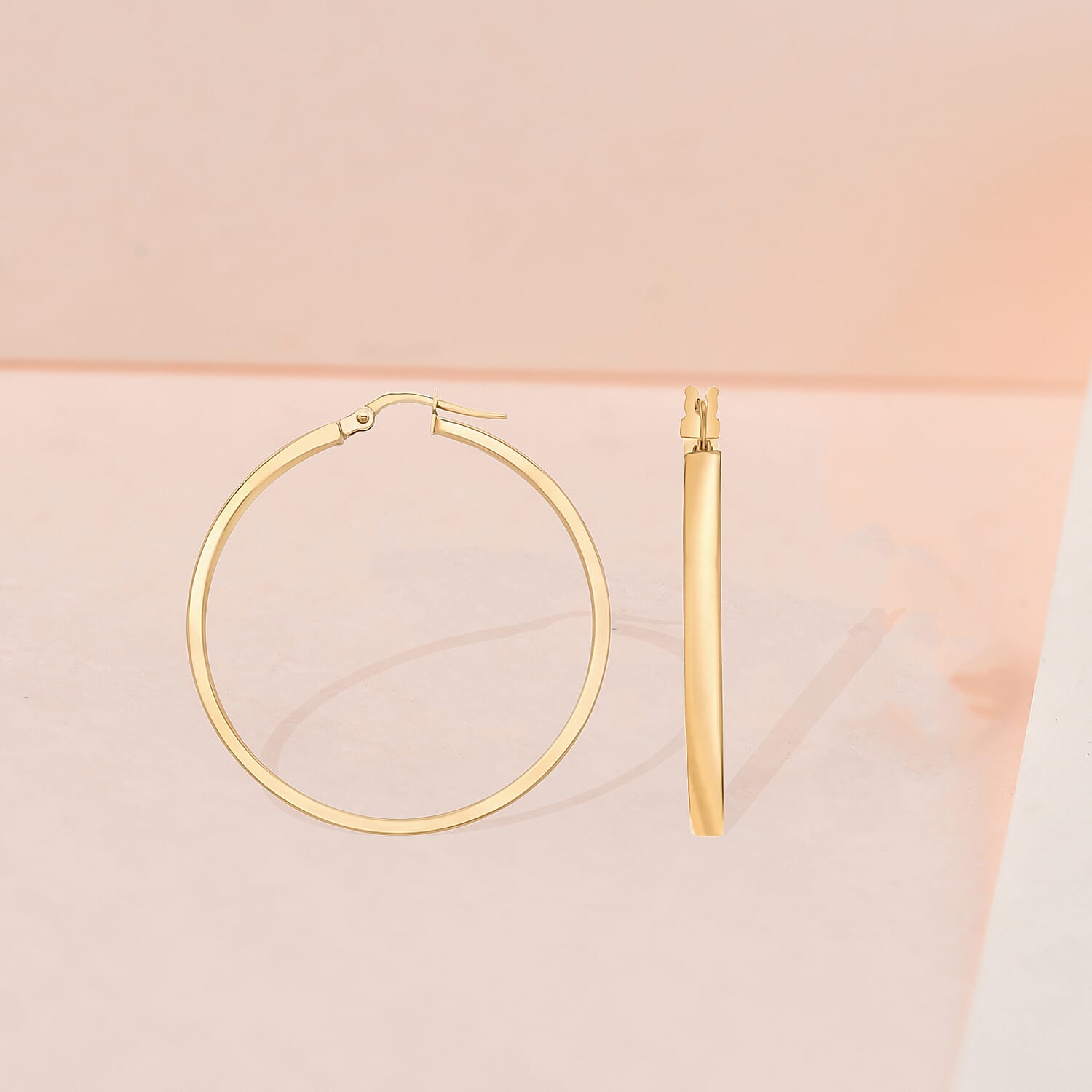 9K Yellow Gold 3mm Rectangular Tube 30mm Polished Hoop Creole Earrings 7337866 1