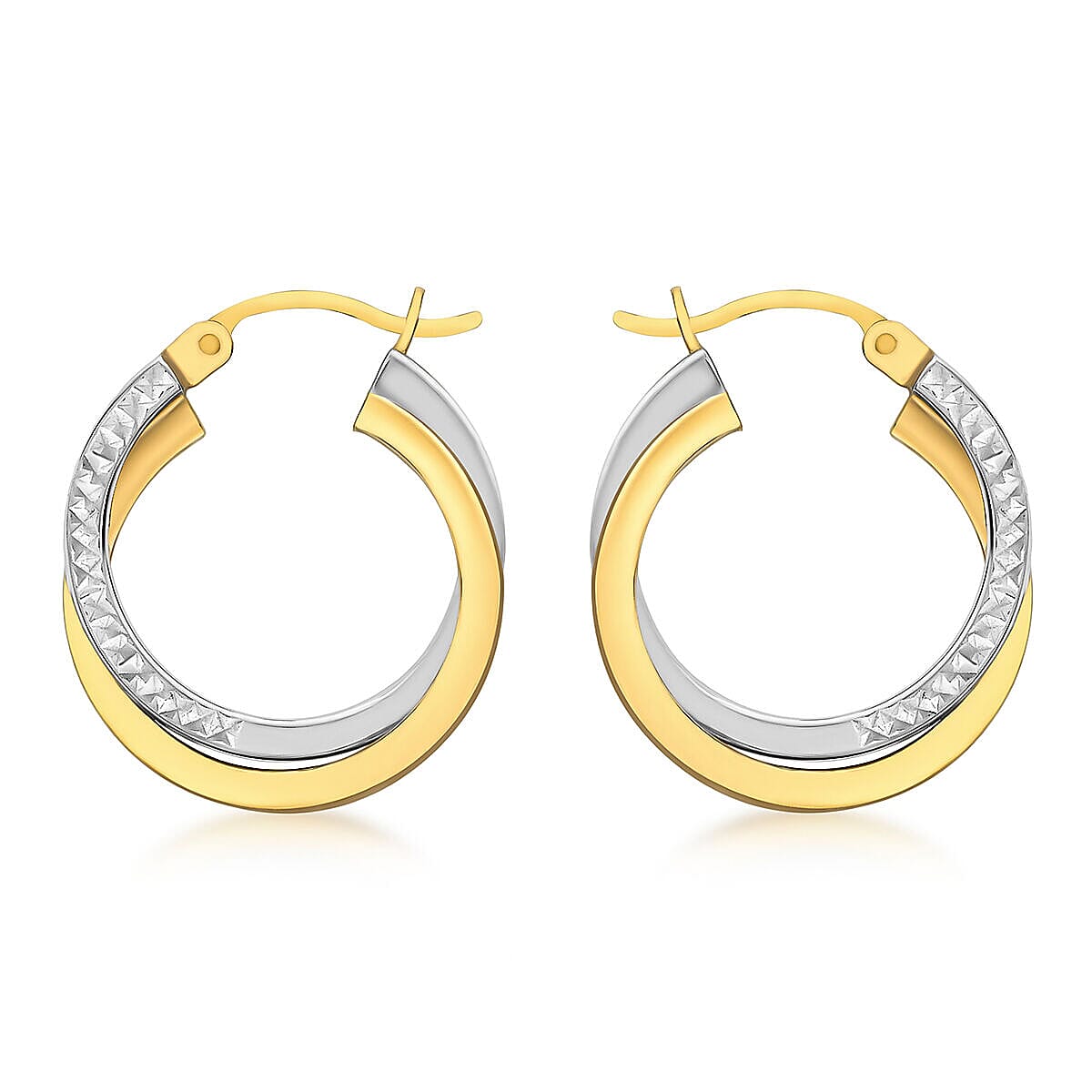 9K Two Colour Gold 17.5mm Diamond Cut and Plain 1.75mm Band Crossover Creole Earrings 7341408 0
