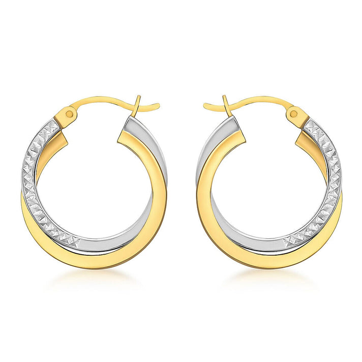 9K Two Colour Gold 17.5mm Diamond Cut and Plain 1.75mm Band Crossover Creole Earrings 7341408 1