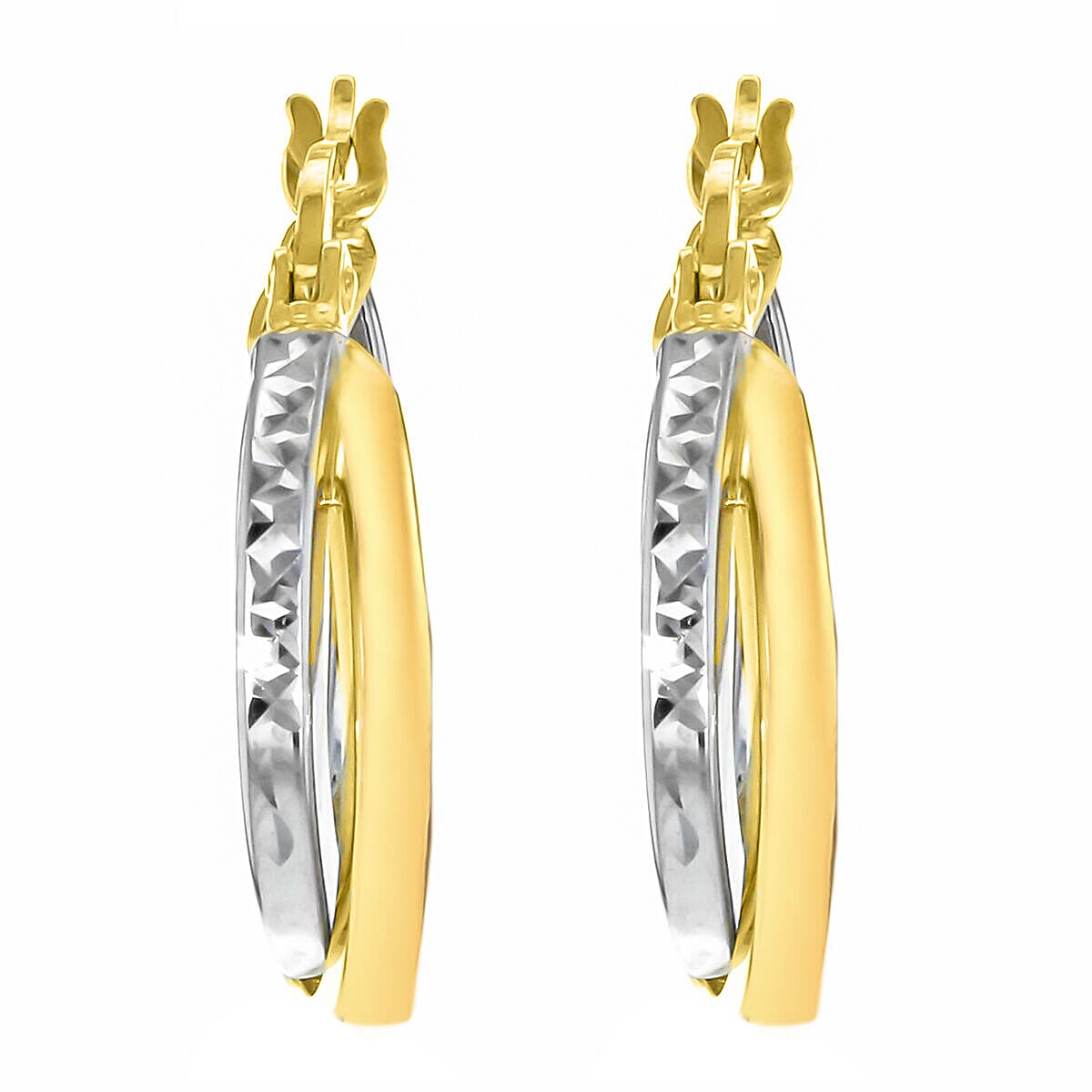 9K Two Colour Gold 17.5mm Diamond Cut and Plain 1.75mm Band Crossover Creole Earrings 7341408 1