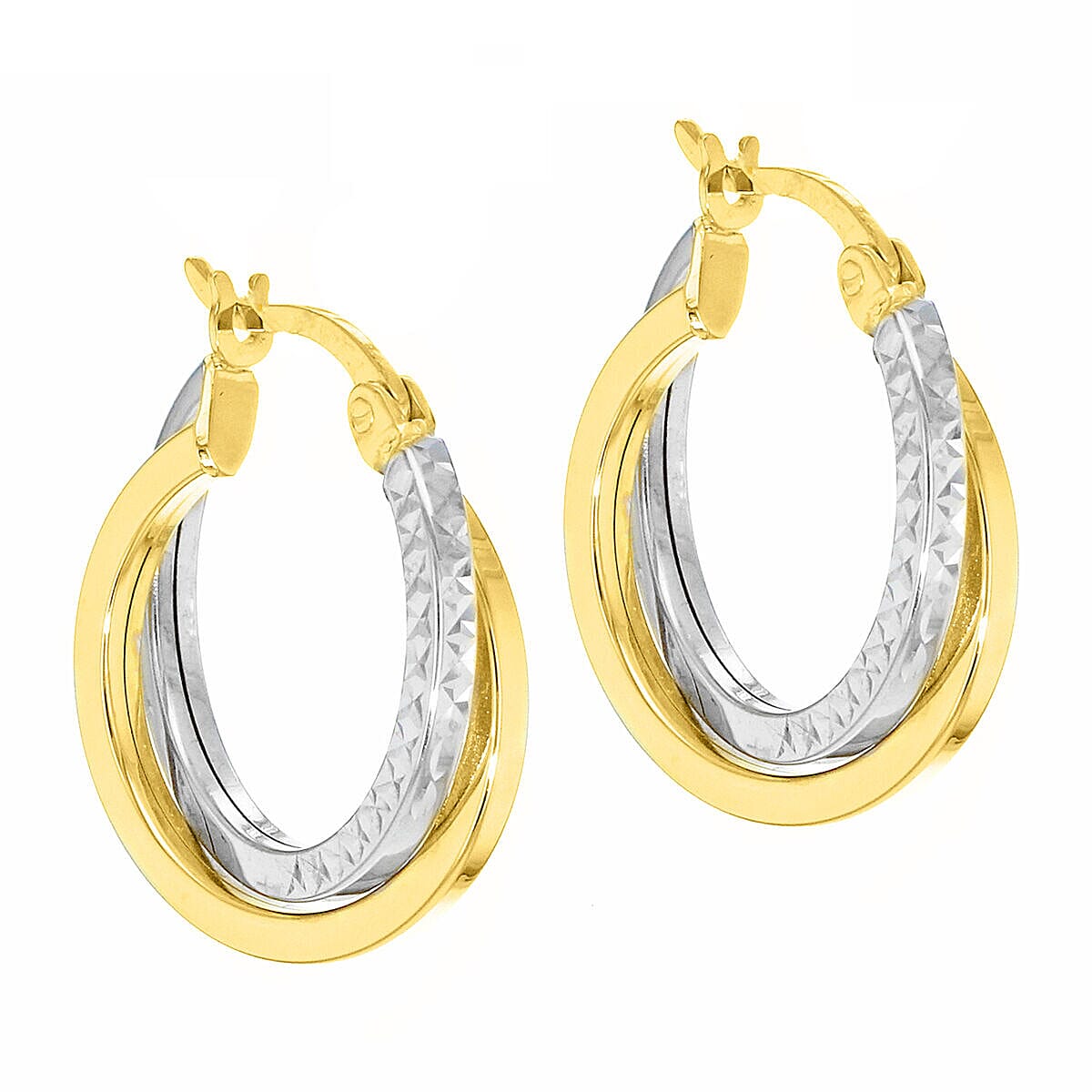 9K Two Colour Gold 17.5mm Diamond Cut and Plain 1.75mm Band Crossover Creole Earrings 7341408 2