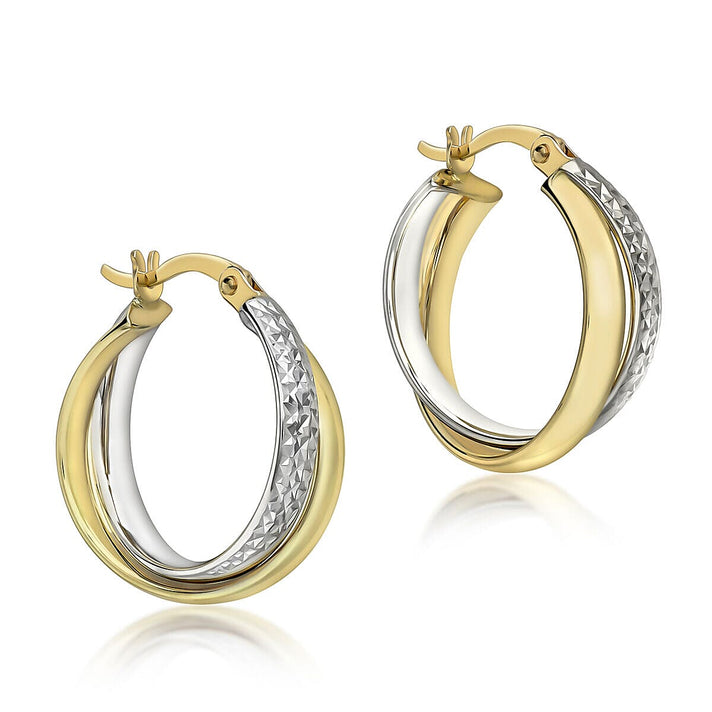 9K Two Colour Gold 18mm Diamond Cut and Plain 3mm Band Crossover Creole Earrings 7341218 1