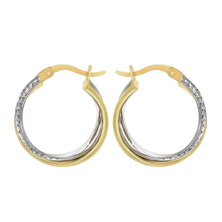 9K Two Colour Gold 18mm Diamond Cut and Plain 3mm Band Crossover Creole Earrings 7341218 2