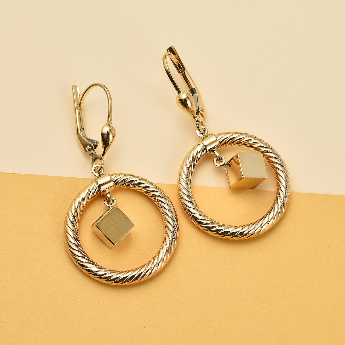 9K Yellow Gold Dangling Cube Earrings 7384029 1