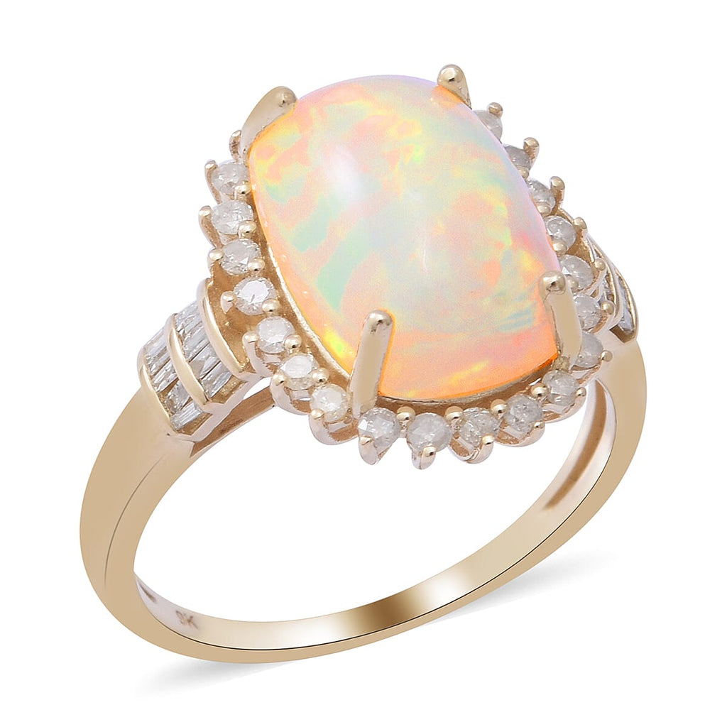 9K Yellow Gold Ethiopian Welo Opal (4.20 Ct) and Diamond Halo Ring 4.64 Ct.