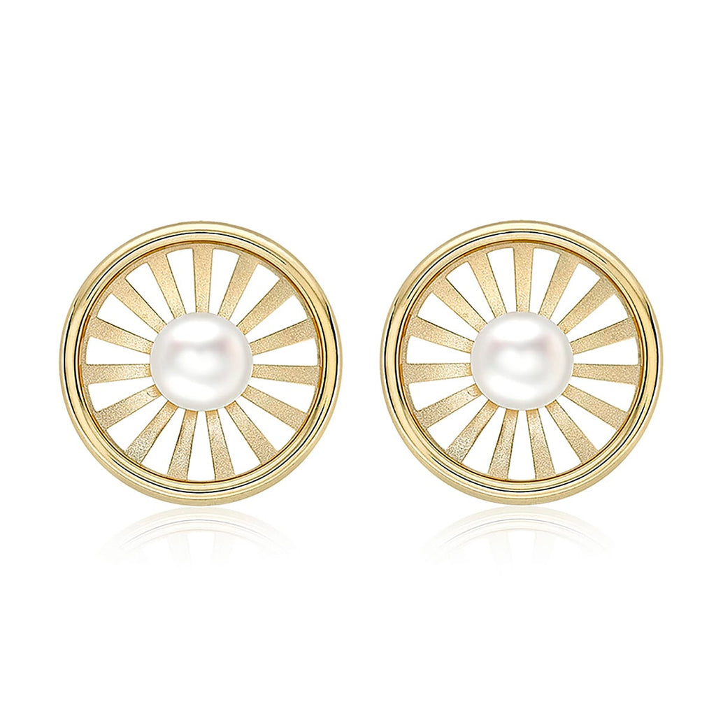 9K Yellow Gold Freshwater Pearl 12.5mm Polished and Satin Sunrays Stud Earrings