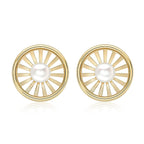9K Yellow Gold Freshwater Pearl 12.5mm Polished and Satin Sunrays Stud Earrings
