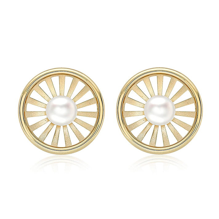 9K Yellow Gold Freshwater Pearl 12.5mm Polished and Satin Sunrays Stud Earrings 7078182 1