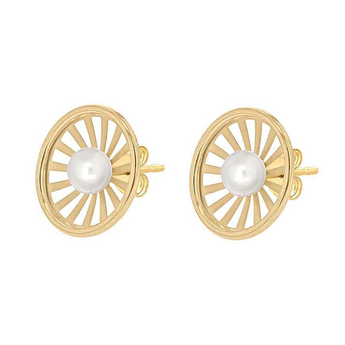 9K Yellow Gold Freshwater Pearl 12.5mm Polished and Satin Sunrays Stud Earrings 7078182 2