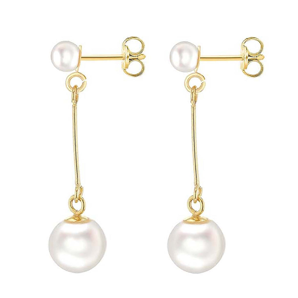 9K Yellow Gold Freshwater Pearl and Bar 7mm x 29mm Drop Earrings