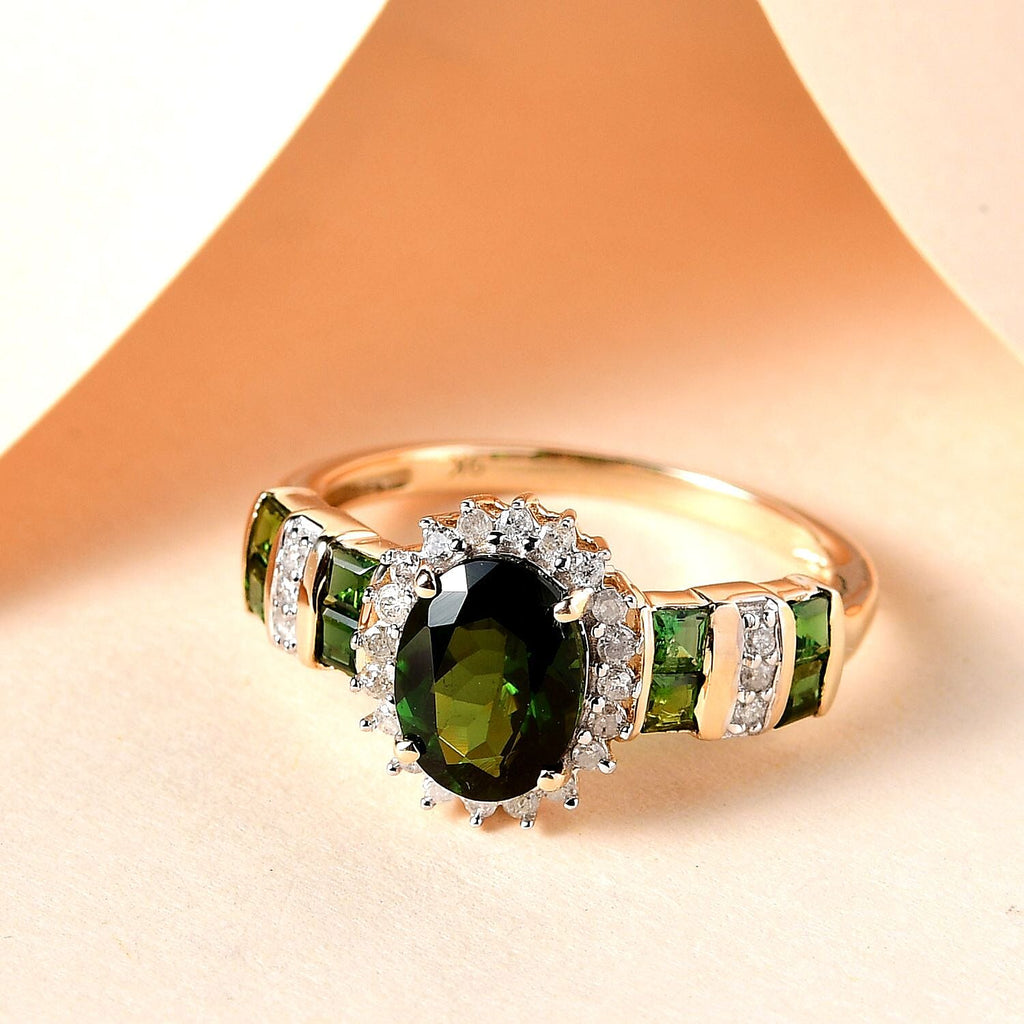 9K Yellow Gold Green Tourmaline and Diamond Ring 1.71 Ct.
