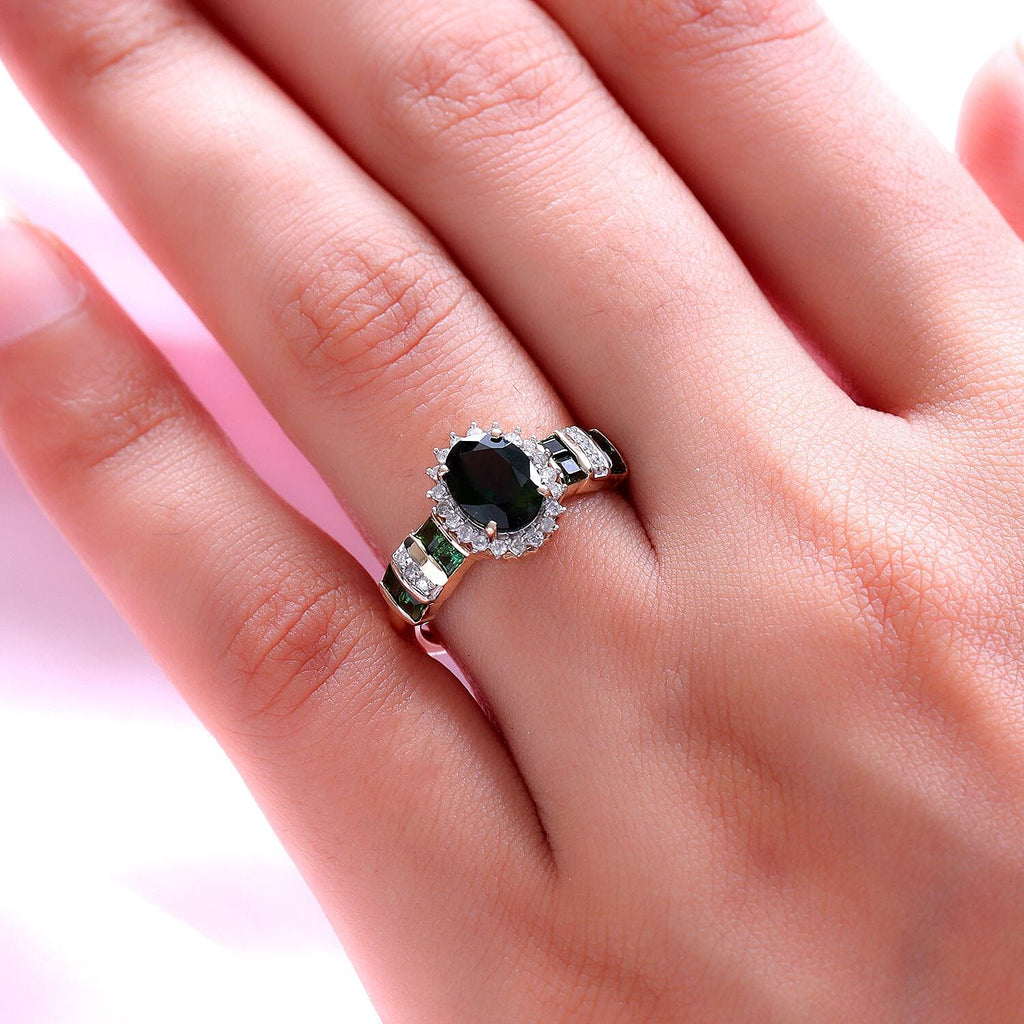 9K Yellow Gold Green Tourmaline and Diamond Ring 1.71 Ct.