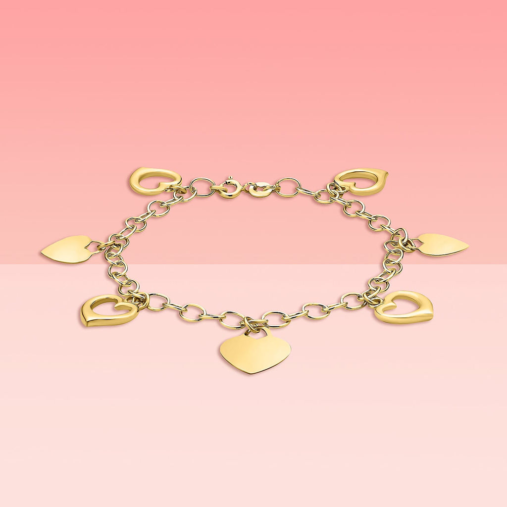 9K Yellow Gold Heart Charms Bracelet 7 Inch, 4.7 grams