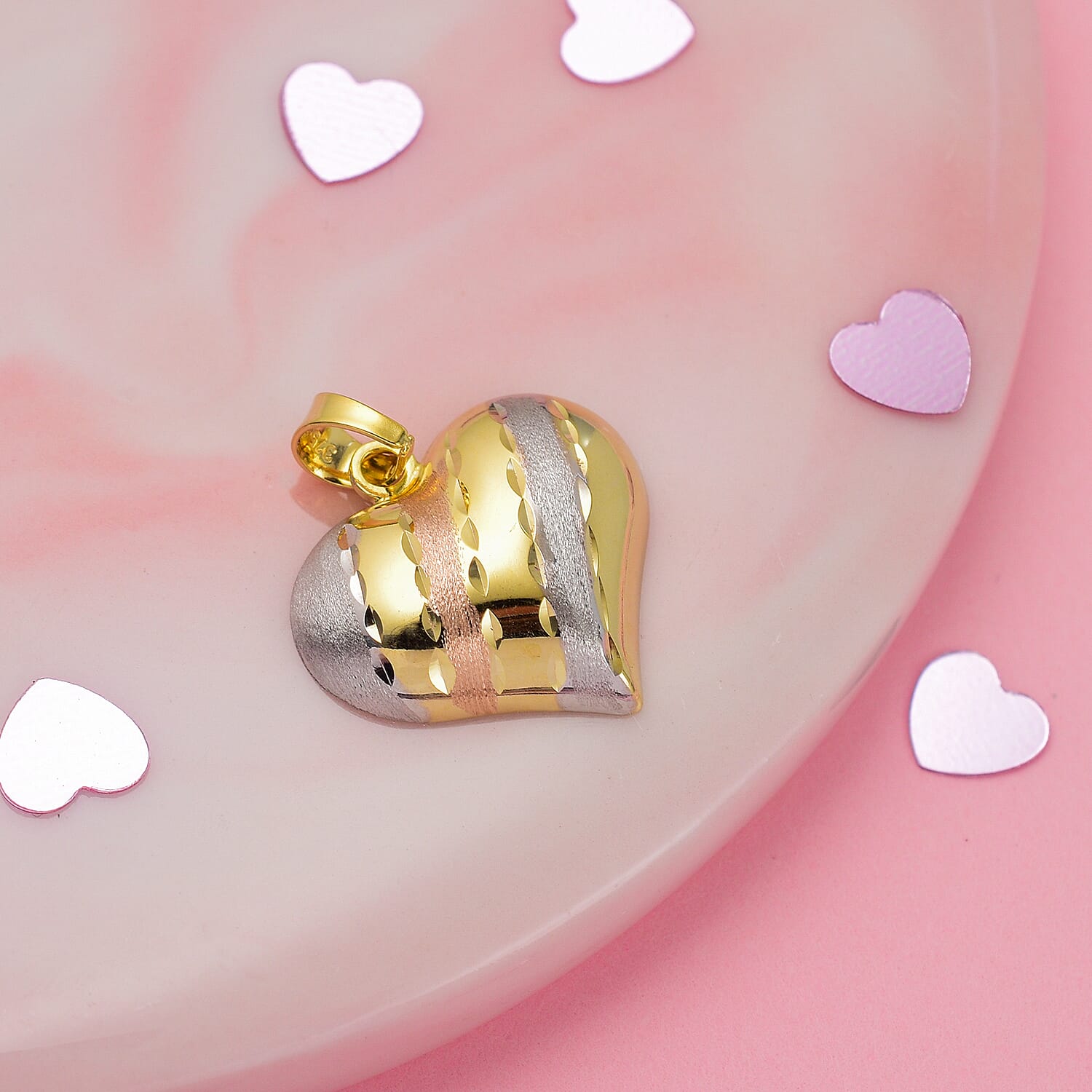 9K Yellow Gold with Silver and Rose Gold Plated Heart Pendant 7732613 1