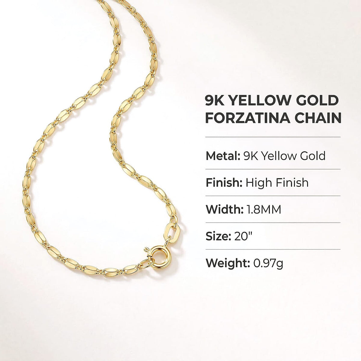 9K Yellow Gold High Finish 1.8MM Forzatina Chain 20 Inch 0.97 grams 6093091 7
