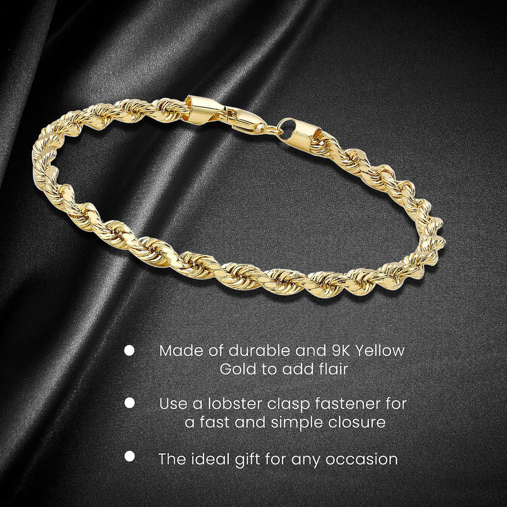 9K Yellow Gold Hollow Diamond Cut Rope Bracelet 7.5 Inch