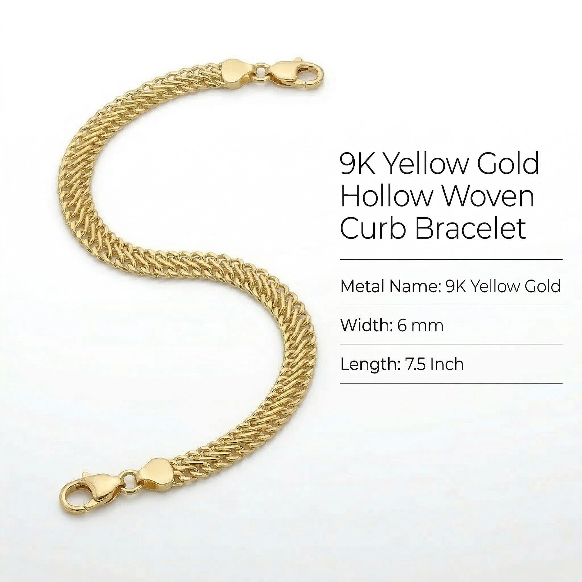 9K Yellow Gold Hollow Woven Curb Bracelet 7.5 Inch 8894663 6