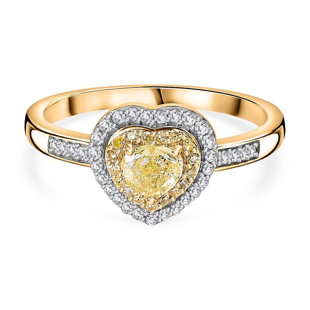 The Rare Find - Yellow Diamond Ring in 9K Yellow Gold with White Diamonds  (0.50 CT)- 0.33 Heart cut Natural Yellow Diamond
