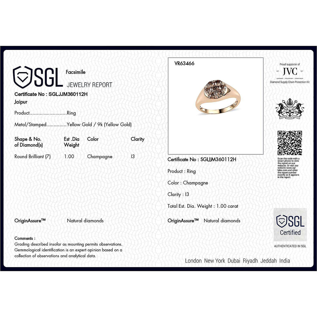 9K Yellow Gold SGL Certified Natural Champagne Diamond Ring 1.00 Ct