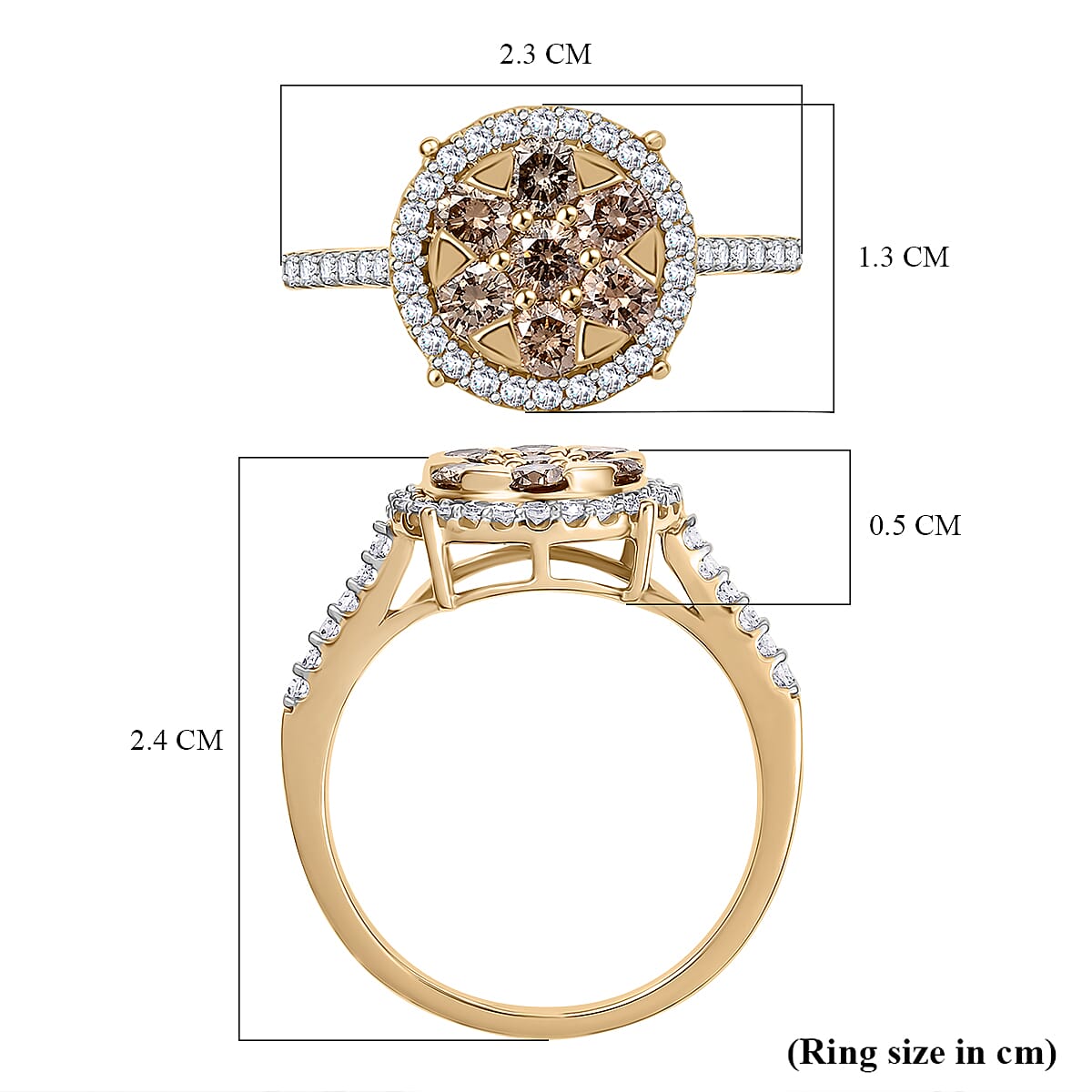 Champagne Diamond and White Diamond Cluster Ring in 9K Yellow Gold, SGL Certified 8017544 6